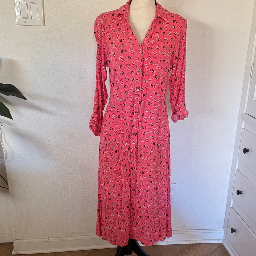 Adrienne Vittadini Pink Floral Button Front Shirt Dress Size M